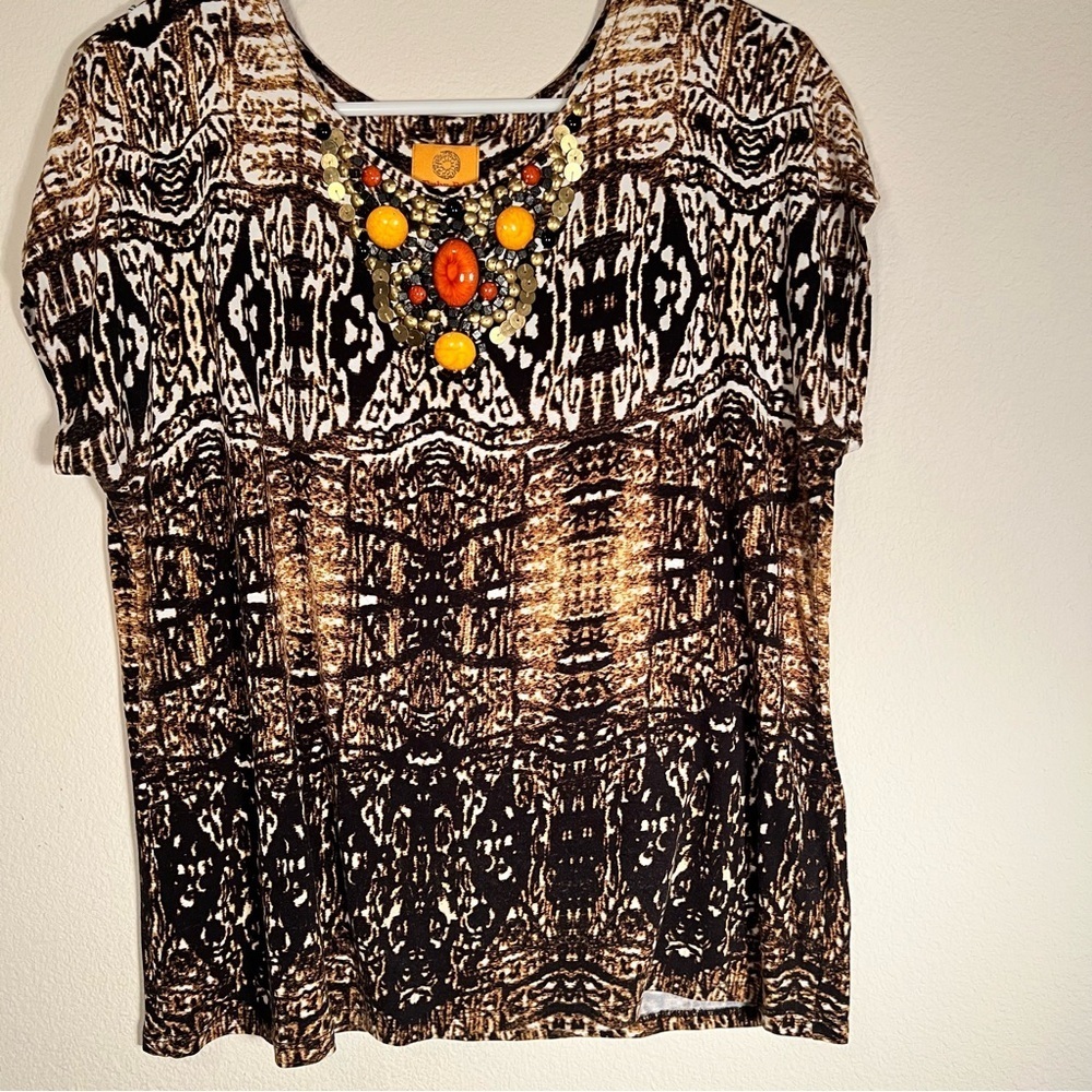 Ruby Rd Black Brown Patterned Blouse Colorful Stones
